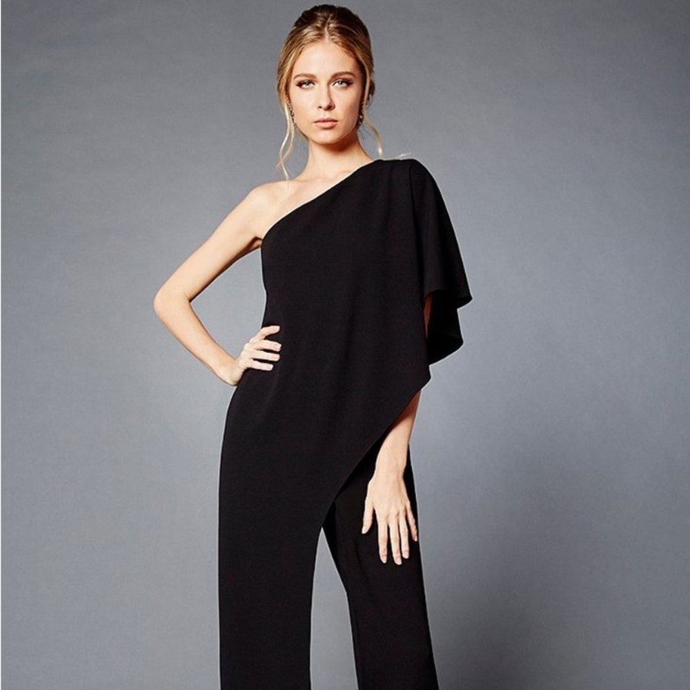 ADRIANNA PAPELL FLUTTER SHOULD JUMPSUIT IN BLACK